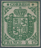 16245 Spanien: 1854, 2 Cuartos Green On Thin White Paper With Wide Margins All Around, Unused Without Gum - Gebraucht