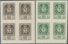 16258 Spanien: 1936, Philatelic Exhibition, 10c. Brownish Black And 15c. Green, Blocks Of Four, Unmounted - Usati