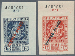 16260 Spanien: 1936, Philatelic Exhibition Airmails, 10c. Red And 15c. Blue, Top Marginal Copies With Shee - Oblitérés