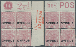 16613 Zypern: 1880, QV 2½d Rosy Mauve Plate 14 In Two Blocks Of Four Incl. One From Top Margin With Plate - Other & Unclassified