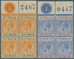 16617 Zypern: 1921, KGV 10pa. Orange/green Block Of Four From Upper Margin With Plate Number (control) '1' - Altri & Non Classificati