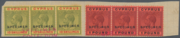 16619 Zypern: 1923. KGV 10sh "Specimen" And £1 "Specimen" Each In Horizontal Strips Of 3 Mounted On One UP - Autres & Non Classés