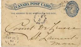 1892- Canada Post Card One Cent De Reaburn à St Laurent -au Dos,repiquage De " The Dominium Express Company" - Brieven En Documenten