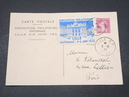 FRANCE - Entier Postal Type Semeuse De L 'Exposition Philatélique De Lille Avec Vignette En 1933 Pour Paris -  L 16827 - Standard Postcards & Stamped On Demand (before 1995)