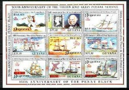 Guyana 1992, Penny Black, Over. Red, 500th Postal Service, Ships, Roland Hill, 9val In BF - Rowland Hill