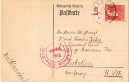 Postkarte BAYERN Mit Oberrandstück 10 Pfg. Von Obernzell Nach Hoboken New Jersey Via Schweden, Zensurstempel Cöln-Deutz - Bayern (Baviera)