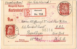 Kartenbrief 10 Pfg. Mit Zfr. Registered Von Obernzell/BY Nach Brooklyn N.Y. 7.Dez.1914 , Interessante Stempel - Bavière