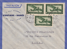 18783# INDOCHINE LETTRE 1ER VOL D' ESSAI 22 MAI 1939 VIENTIANE HANOI Obl VIENTIANE LAOS - Poste Aérienne