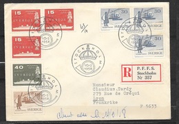 FDC Lettre Illustrée Recommandée Par Avion Circulée Stockhom 1/6/1957 à Lyon 3/6/1957 N°414a;414ab Et 415  TB - Cartas & Documentos