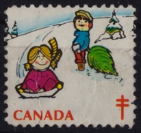 Sledge Sleigh Sled - Boy Girl Pine Tree 1972 Canada - CHRISTMAS Tuberculosis TBC Charity Label Cinderella Vignette - Invierno