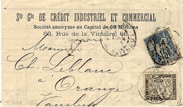 1892- Lettre De Paris  - Banque C I C - Affr. 15 C TAXEE 30 C  ( 2ème Port Double ) - 1859-1959 Lettres & Documents