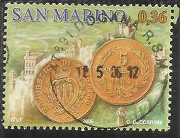 REPUBBLICA DI SAN MARINO 2005 LE MONETE PRIMA MONETA IN RAME DA 5 CENT. € 0.36 USATO USED OBLITERE' - Usati