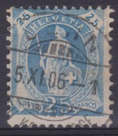 SUISSE HELVETIE DEBOUT 1906:  25c Bleu Clair, Papier Blanc,14 Dents Vert., Filigrane Grande Croix (ZNr 93B) - Used Stamps