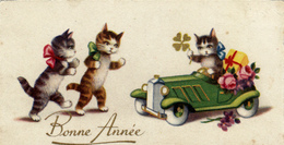 Carte De Bonne Année,chats,chaton,cat,CH AT  BOXEUR,voiture De Collection,verte,remplie De Jouets,cadeaux - Neujahr