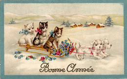 Carte De Bonne Année En 1939,chats,chaton,cat,att Elage De Chien,luge,pilote Chats 3 Couleurs,neige,station De Ski - New Year