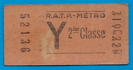 Billet R.A.T.P. METRO *** Y *** 2ème Classe - Europe