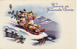 Carte Postale Ancienne,bonne Année ,avec Chat,cat,luge,neige,anima Ux Heureux ,or Blanc,station - Chats