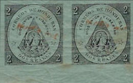 CV:€45.60 HONDURAS 1877 Coat Of Arms 1/2r Green OVPT.red MARG.IMPERF.PAIR Volcano - Volcanos