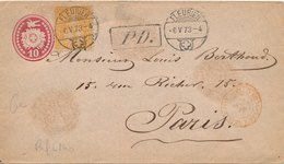 Entier Postal + Complement Fleurier Pour Paris 1873 + Cachet Rouge D'entrée - Interi Postali