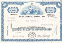 Certificate Of Stock 100 Shares Permaneer Corporation 1968 United States - Non Classés