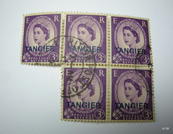 MOROCCO TANGIER ZONE 1952. Queen Elizabeth II. Pictorial Stamp 3d. (Blue). Ovptd. TANGIER. SG 294. Block Of 5. Fine Used - Bureaux Au Maroc / Tanger (...-1958)