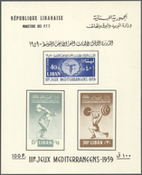 23471 Libanon: 1959, Mediterranean Sport Games, Lot Of 30 Souvenir Sheets, Type II With Price Indication, - Libanon