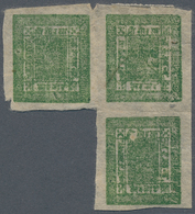 23690 Nepal: 1880/1940 (ca.), Mint And Used On Stock Card, Inc. 4 A. Green Unit Of 3, Plus 1 A. Black Larg - Népal