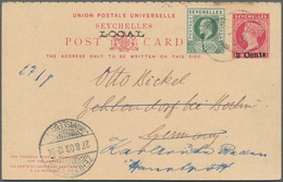 24048 Seychellen: 1890-1902, Group Of Six Postal Stationery Cards, With Three Of Them Used To Germany Incl - Seychellen (...-1976)