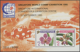 24084 Singapur: 1995, Stamp Exhibition SINGAPORE '95 ("Orchids"), Special Souvenir Sheet With Orange Sheet - Singapur (...-1959)