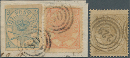 26228 Dänemark: 1865/1868 (ca.), Lot Of Three Stamps Incl. 2s. Blue IMPERFORATE On Piece And 8s. Brown (op - Storia Postale