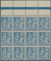 26424 Frankreich: 1900, Mouchon I 25c. Blue Unusual Lot With 42 Stamps Mostly In Larger Blocks Incl. Some - Oblitérés