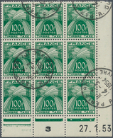 26481 Frankreich - Portomarken: 1953, Postage Due 100fr. Green 'wheat' Lot Of 100 Stamps In Larger Blocks - 1859-1959 Storia Postale