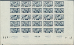 27372 Monaco: 1951, Visiting Card Stamps Complete Set Of Five In IMPERFORATE Blocks Of 25 From Lower Margi - Ongebruikt