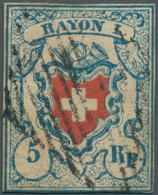 28031 Schweiz: 1851/1857, Kleines Lot Mit MiNr. 9 II Gest. (130,- ?) Sowie Vorderseite Mit Halbierter 5 Rp - Neufs
