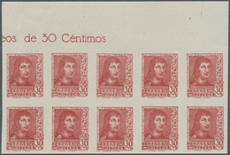 28267 Spanien: 1938, Ferdinand II. Definitive Issue 30c. Carmine-red In A Lot With 60 IMPERFORATE Stamps I - Gebruikt