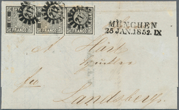 17062 Bayern - Marken Und Briefe: 1849, SCHWARZER EINSER 1 Kr. Schwarz, Platte 1 Im DREIERSTREIFEN Auf Fal - Autres & Non Classés