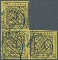 17517 Württemberg - Marken Und Briefe: 1851, Ziffern 3 Kr. Schwarz Auf Gelb Als Treppen-Dreierblock Mit Bl - Andere & Zonder Classificatie