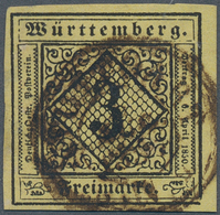 17519 Württemberg - Marken Und Briefe: 1851, 3 Kr. Schwarz Auf B-Papierfarbe SCHWEFELGELB Mit Zentrischem - Sonstige & Ohne Zuordnung