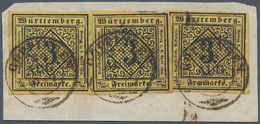 17522 Württemberg - Marken Und Briefe: 1851, Dreimal Ziffern 3 Kr. Schwarz Auf Seltene E-Papierfarbe Ocker - Autres & Non Classés