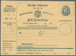 17677 Württemberg - Ganzsachen: 1866, Seltener Post-Anweisungs-PROBEDRUCK 6 Kr. Blau Mit Punkt-Rahmen Um W - Autres & Non Classés