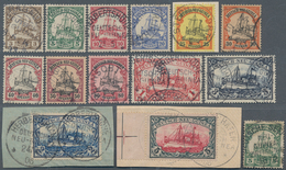 18574A Deutsch-Neuguinea: 1900/1901, 3 Pf Bis 5 Mk Schiffszeichnung Komplett, Dabei 3 Briefstücke, 2 Mark, - Duits-Nieuw-Guinea