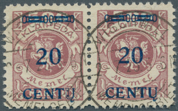 19140 Memel: 1923, Freimarke 20 CENTU Als Gestempeltes Waag. Paar, Dabei Weisser Keil Unter "L" Von Klaipe - Memel (Klaïpeda) 1923