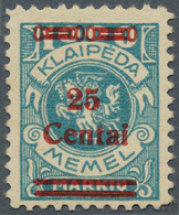 19158 Memel: 1923, Freimarke Von Memel Mit Geändertem Bdr.-Aufdruck, 25 C Auf 1000 M Grünlichblau Als Post - Memelland 1923