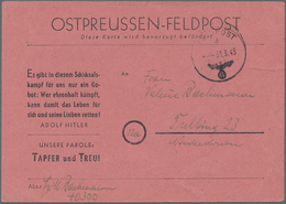 19644 Feldpost 2. Weltkrieg: 1945, Ostpreussen Feldpost-Vordruckkarte Auf Lachsrotem Karton Mit Normstempe - Autres & Non Classés