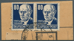 20222 DDR: 1953, 80 Pf Schwarzblau Köpfe, Mit Lacküberzug, Waager. Paar Auf Paketkartenabschnitt, Entwerte - Autres & Non Classés