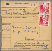 20227 DDR: 1953, 80 Pf Dkl'rosarot Köpfe, Partie Mit 3 Paketkarten, Dabei Einzelfrankatur Auf PK Von Henni - Other & Unclassified