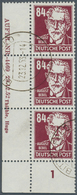 20231 DDR: 1953, 84 Pf Braunkarmin Köpfe, Senkr. 3er-Streifen Von Der Li. Unteren Bogenecke Mit Druckkontr - Autres & Non Classés