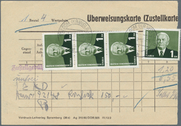 20266 DDR: 1958, 1 M Schwarzoliv Pieck, 4 Stück Als Portogerechte MeF Auf Überweisungkarte (Zustellkarte) - Other & Unclassified