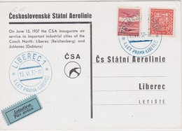 TCHECOSLOVAQUIE 1937 PLI AERIEN DE PRAGUE POUR LIBEREC  1 ER VOL - Airmail