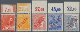 20524 Berlin: 1949, Rotaufdruck, Fünf Oberrandstücke: 23 WOR, 27 WOR, 28 POR Ndgz, 30 POR Ndgz, 32 POR Ndg - Sonstige & Ohne Zuordnung